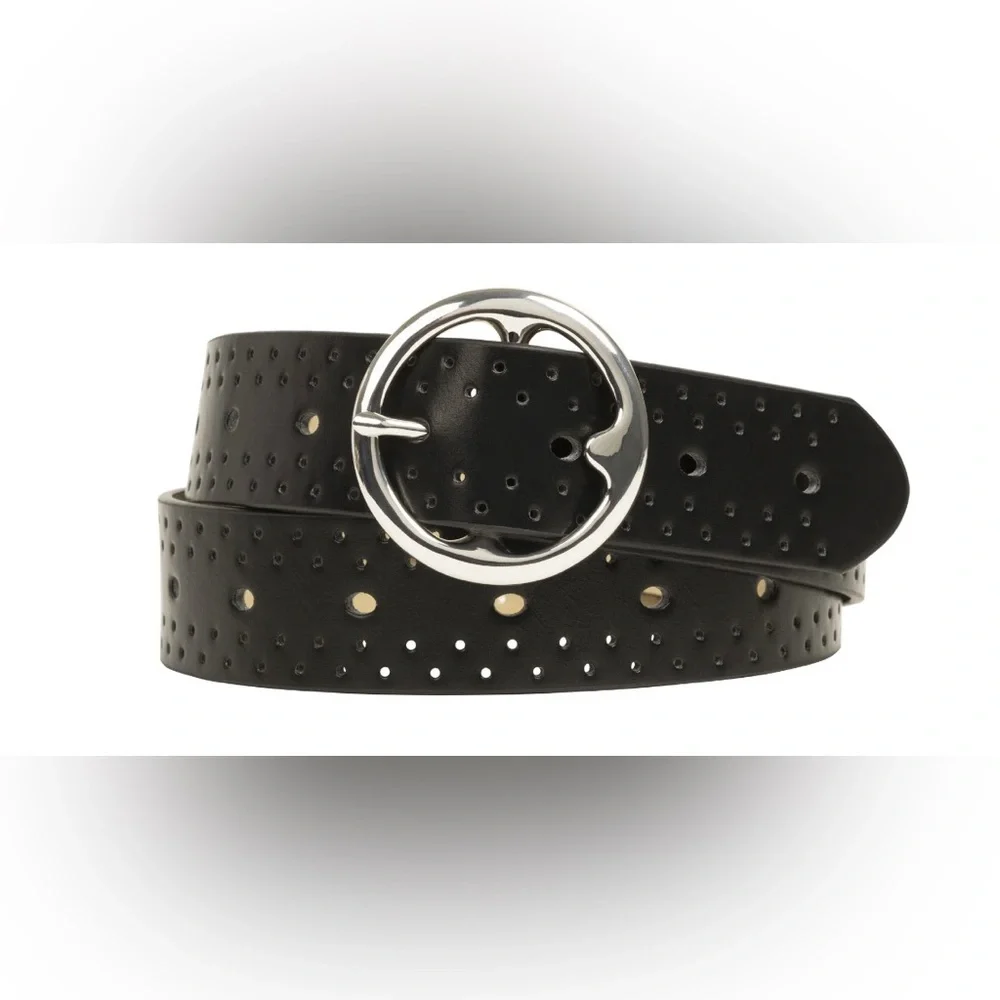 Women’s Belt oval perforated chic silver tone circle buckle black.S/M